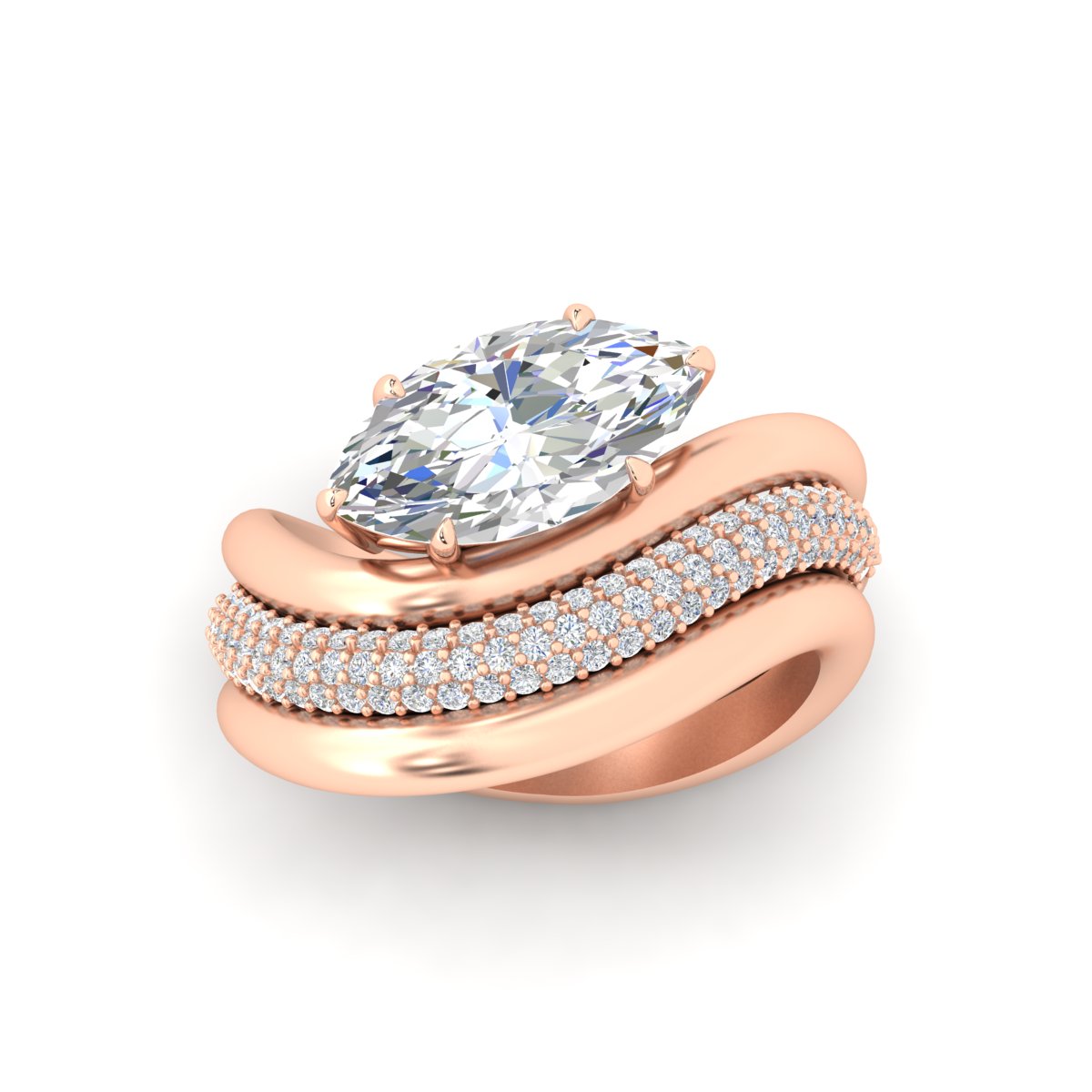 Dual Bands with Wave Solitaire Ring Fascinating Diamonds