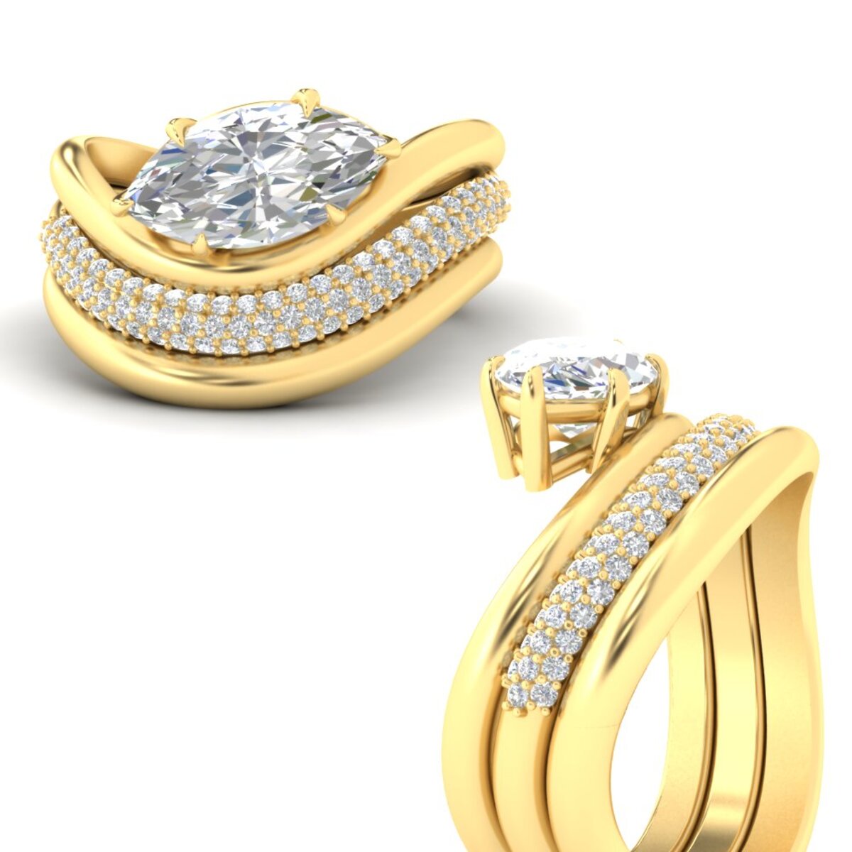 Dual Bands with Wave Solitaire Ring Fascinating Diamonds