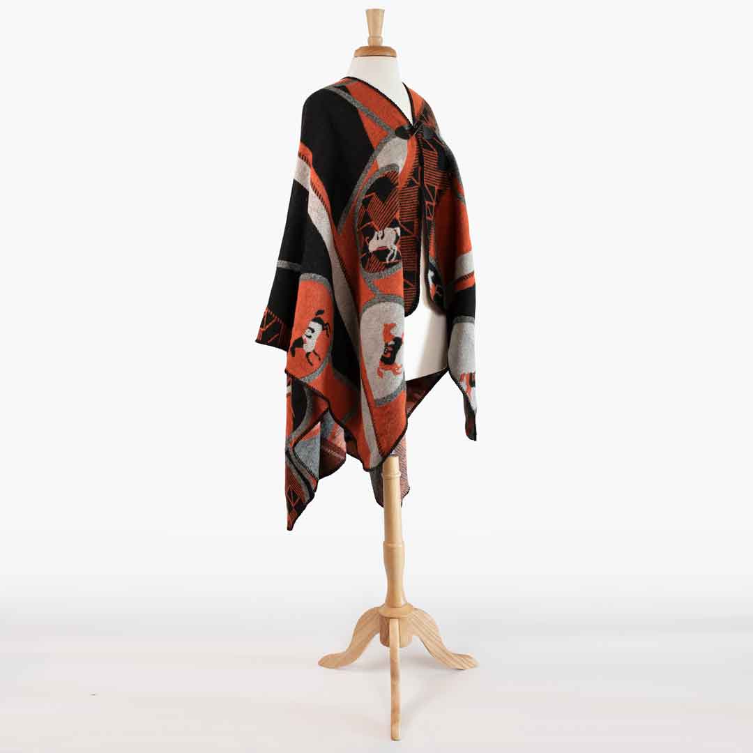 Adina -  Equestrian Motif Shawl in Tangerine, Charcoal and Black Luxe Wrap Urban-Equestrian