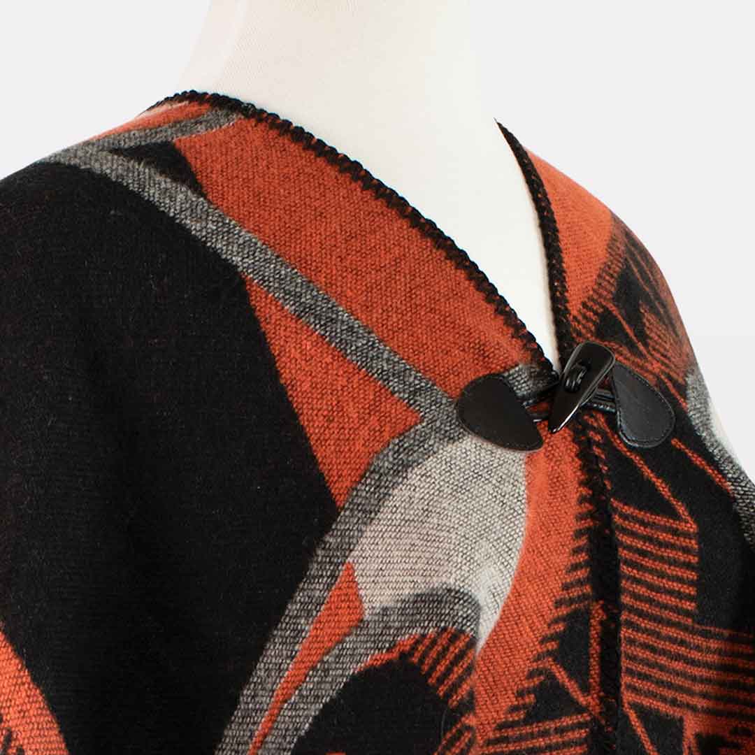 Adina -  Equestrian Motif Shawl in Tangerine, Charcoal and Black Luxe Wrap Urban-Equestrian