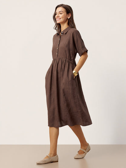 100% Linen Striped Buttoned Front Short Sleeve Midi Shirt Dress CASSANDRA LINTICO