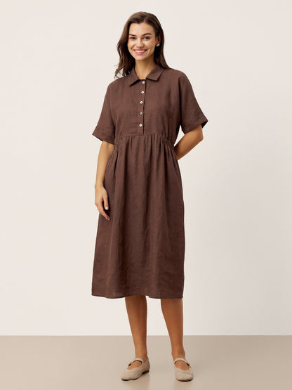 100% Linen Striped Buttoned Front Short Sleeve Midi Shirt Dress CASSANDRA LINTICO
