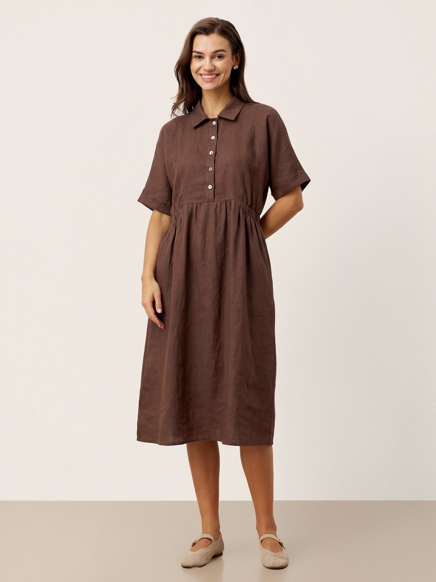 100% Linen Striped Buttoned Front Short Sleeve Midi Shirt Dress CASSANDRA LINTICO