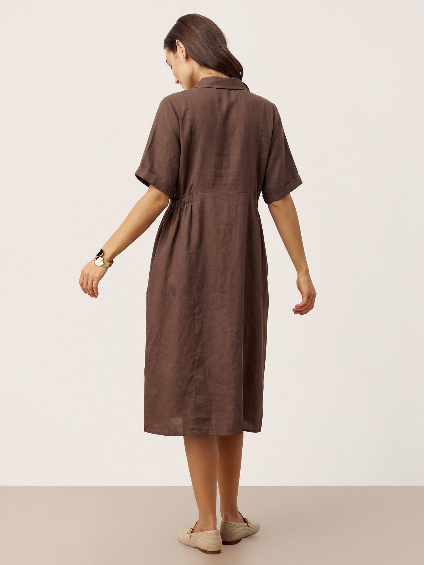 100% Linen Striped Buttoned Front Short Sleeve Midi Shirt Dress CASSANDRA LINTICO