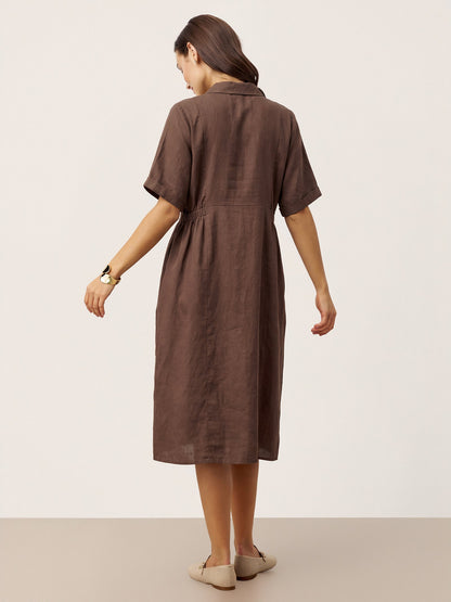 100% Linen Striped Buttoned Front Short Sleeve Midi Shirt Dress CASSANDRA LINTICO