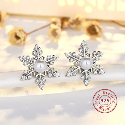 Sterling Silver Snowflake Earrings with Zircon and Pearl