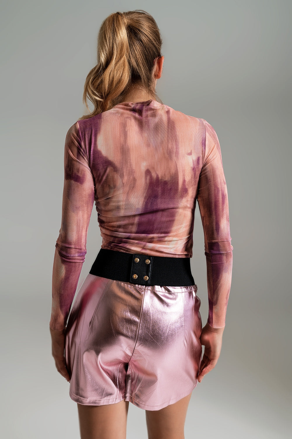 Mesh Top Rouched At The Side In Abstract Pink Print Q2store