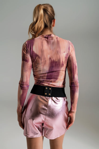 Mesh Top Rouched At The Side In Abstract Pink Print Q2store