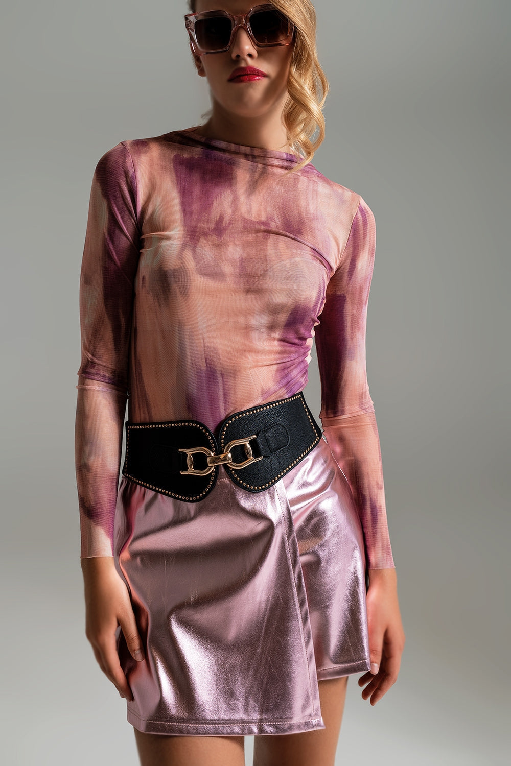 Mesh Top Rouched At The Side In Abstract Pink Print Q2store