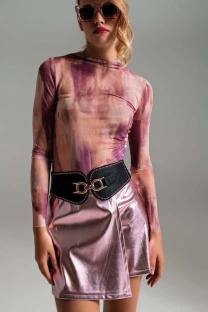 Mesh Top Rouched At The Side In Abstract Pink Print Q2store
