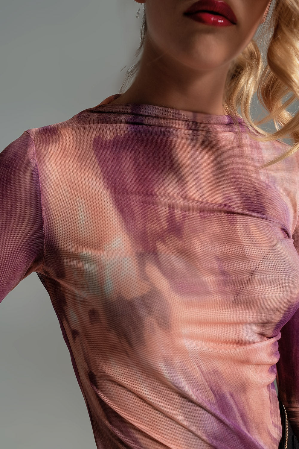 Mesh Top Rouched At The Side In Abstract Pink Print Q2store