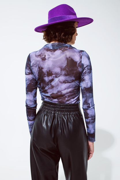 Mesh Top Rouched At The Side In Abstract Purple Print Q2store