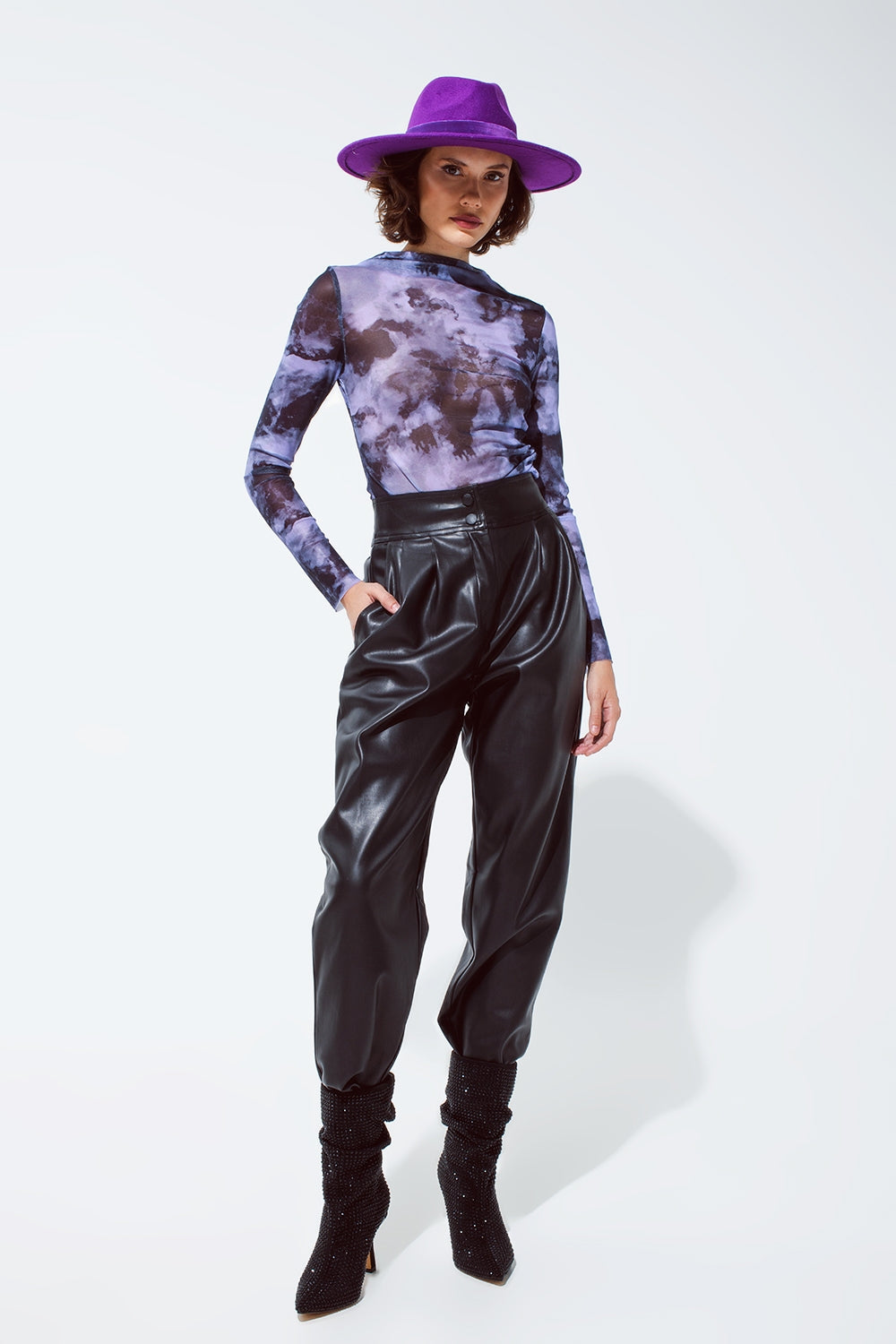 Mesh Top Rouched At The Side In Abstract Purple Print Q2store