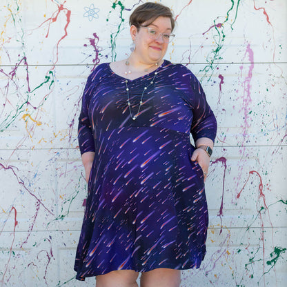 Adult "Party Crashers" Meteor Shower V-Neck A-Line Dress with Sleeves and Pockets Princess Awesome & Boy Wonder