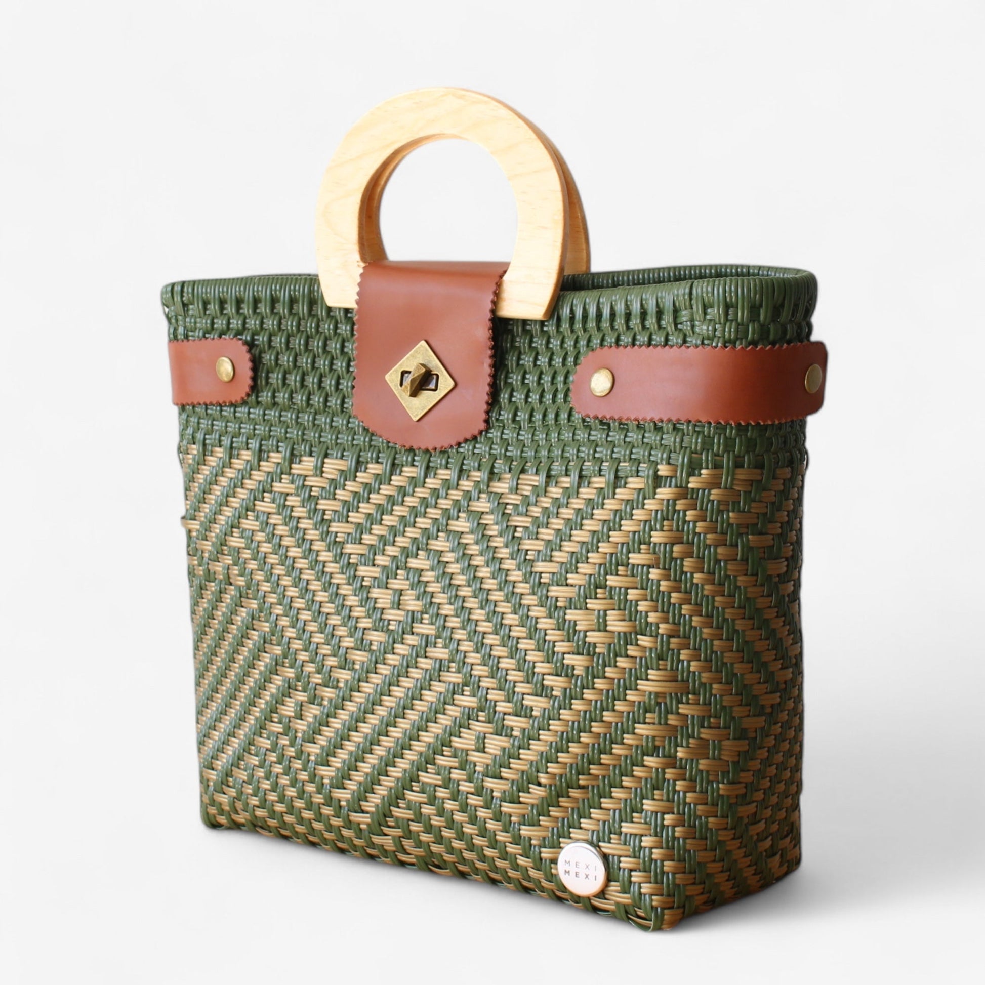 Olive Green & Gold Handmade Tote Bag with Wooden Handle MexiMexi