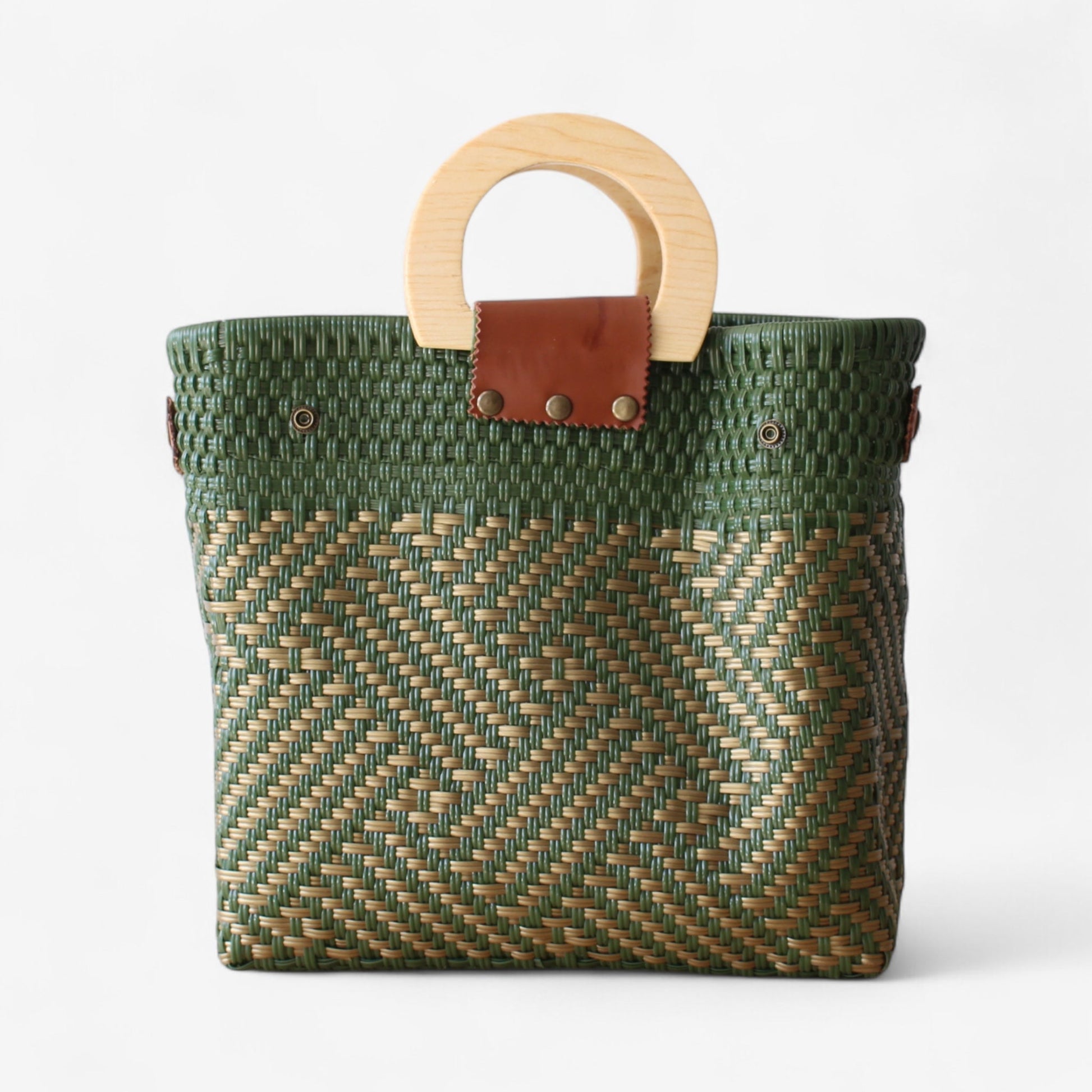 Olive Green & Gold Handmade Tote Bag with Wooden Handle MexiMexi