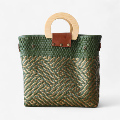 Olive Green & Gold Handmade Tote Bag with Wooden Handle MexiMexi