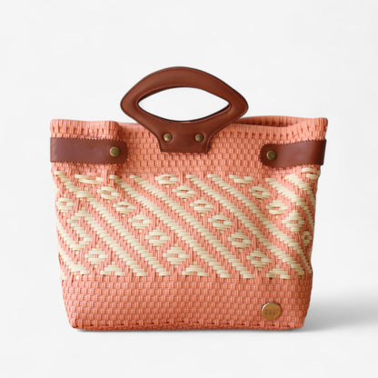 Coral & Cream Handwoven Tote with Leather Handles MexiMexi