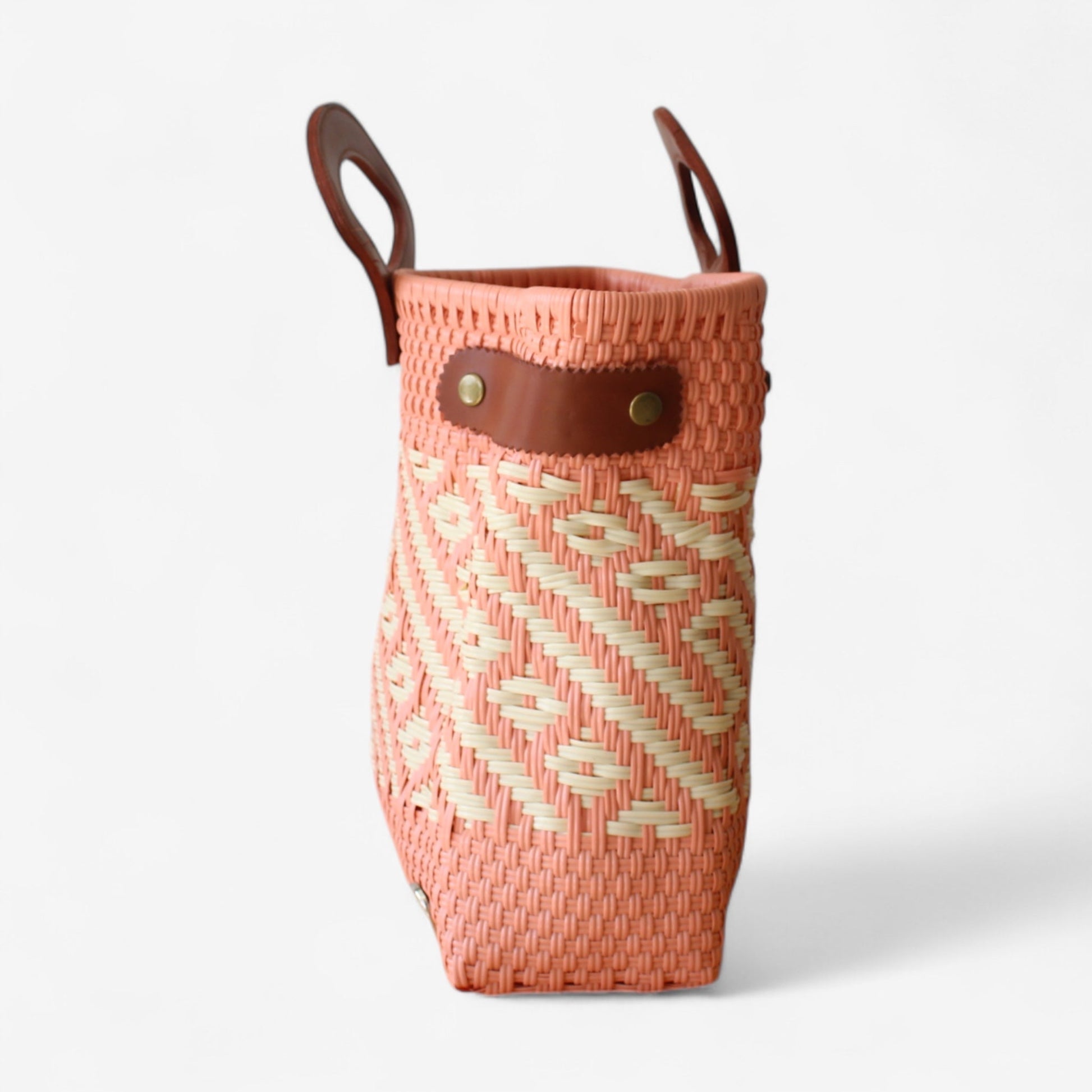 Coral & Cream Handwoven Tote with Leather Handles MexiMexi