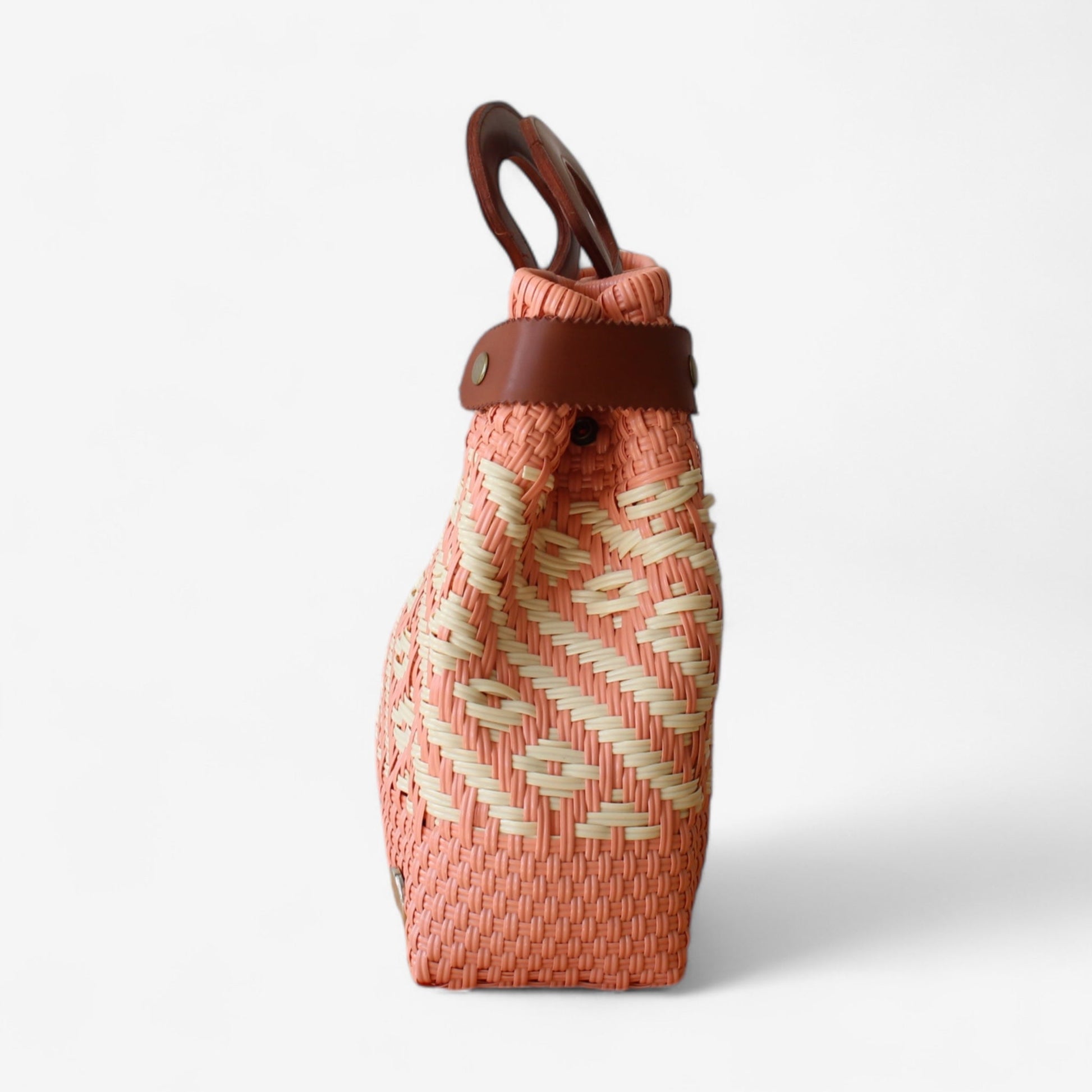 Coral & Cream Handwoven Tote with Leather Handles MexiMexi