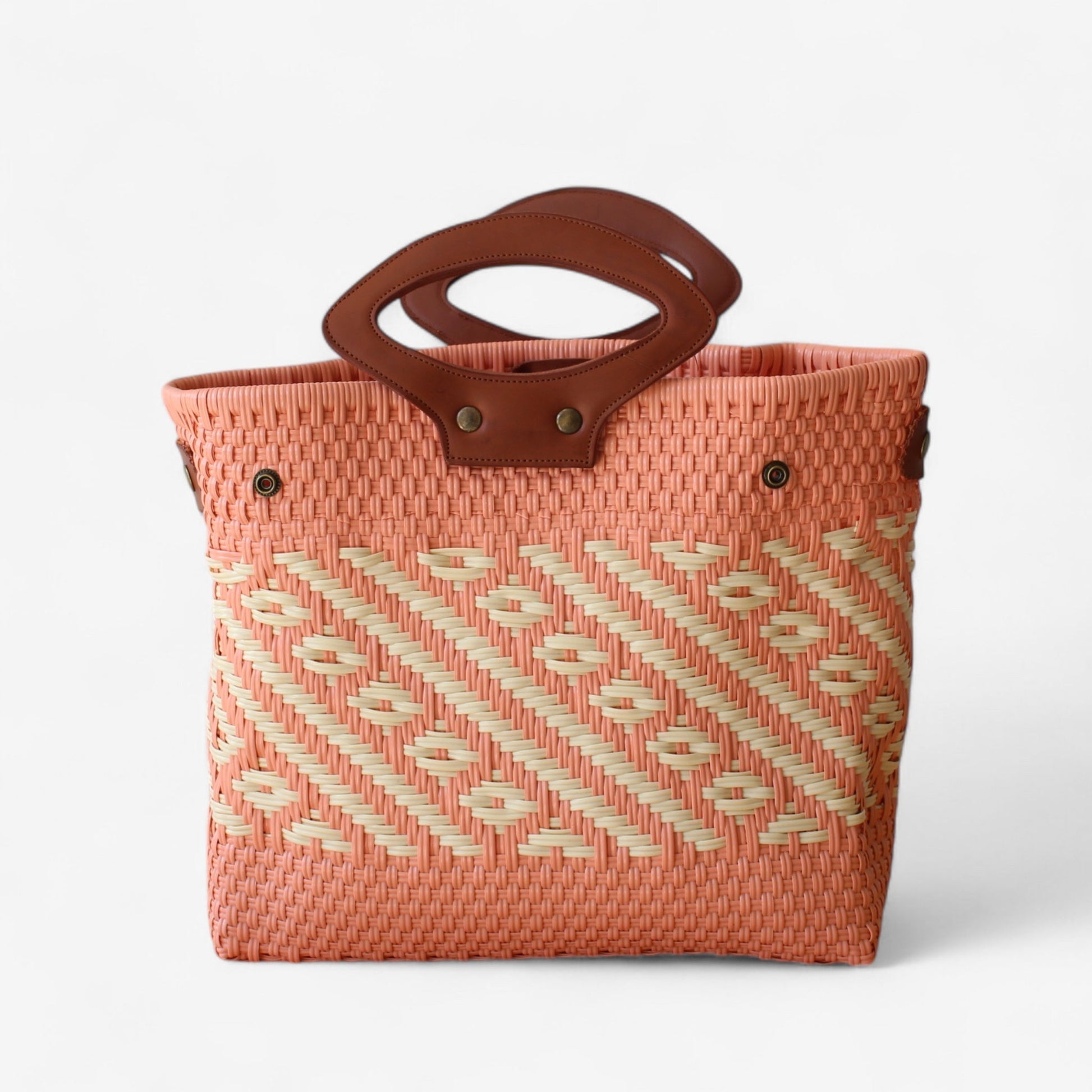 Coral & Cream Handwoven Tote with Leather Handles MexiMexi