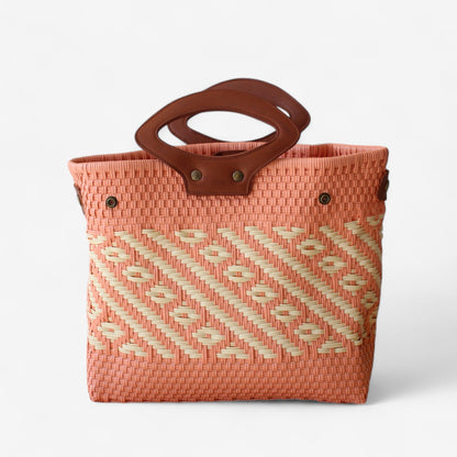 Coral & Cream Handwoven Tote with Leather Handles MexiMexi