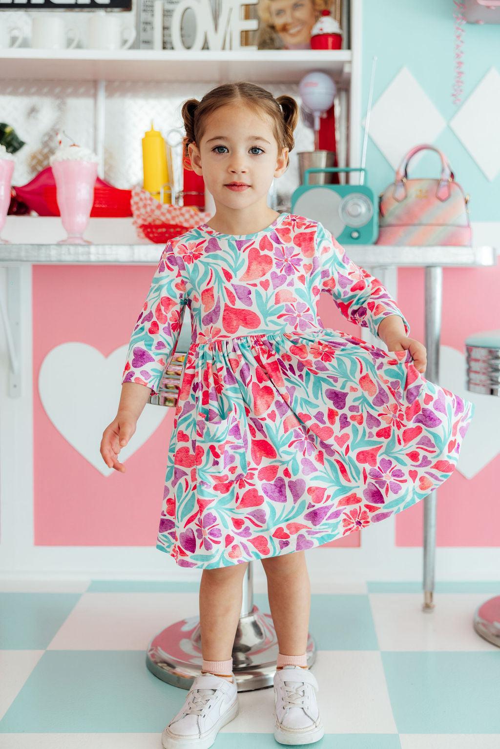 Watercolor Hearts 3/4 Sleeve Pocket Twirl Dress Mila & Rose ®