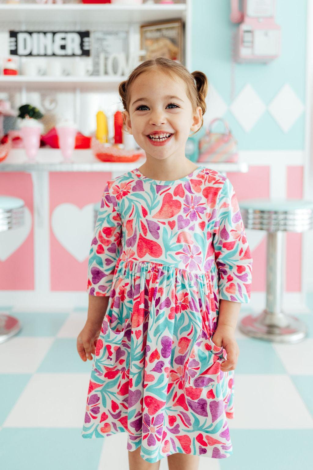 Watercolor Hearts 3/4 Sleeve Pocket Twirl Dress Mila & Rose ®