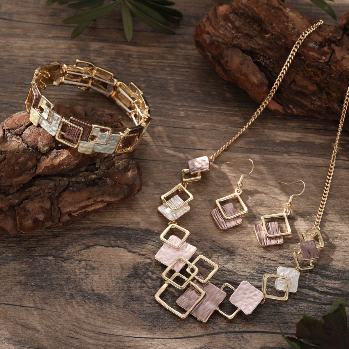 Modernist Geometric Square Earrings Bracelet Necklace Set (MAC318) Mariam's Collection