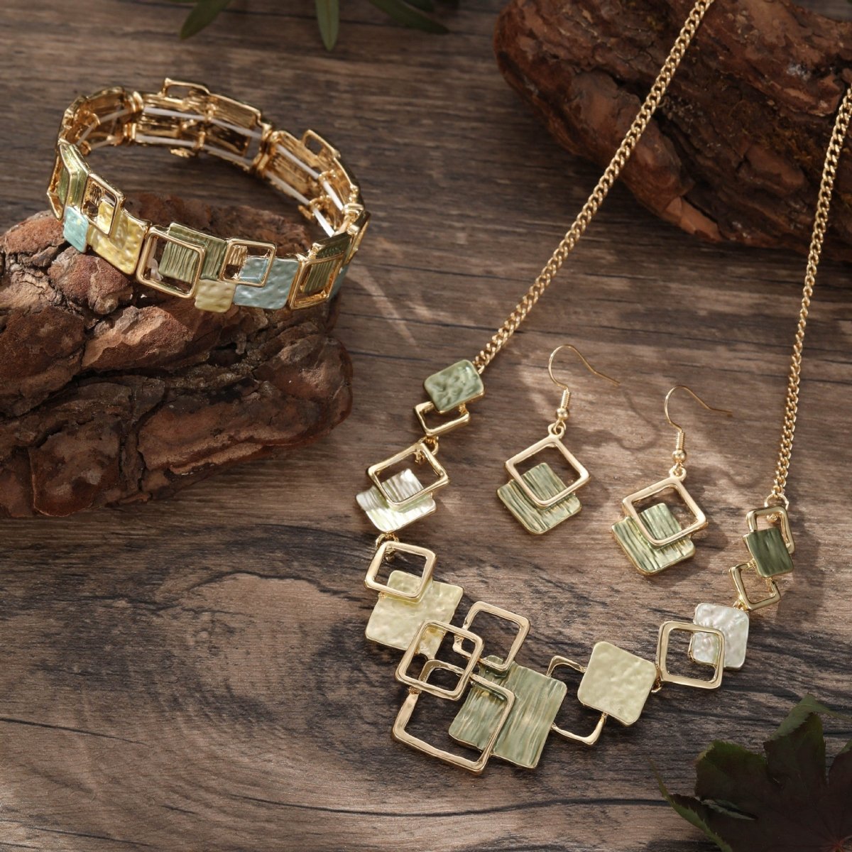 Modernist Geometric Square Earrings Bracelet Necklace Set (MAC318) Mariam's Collection