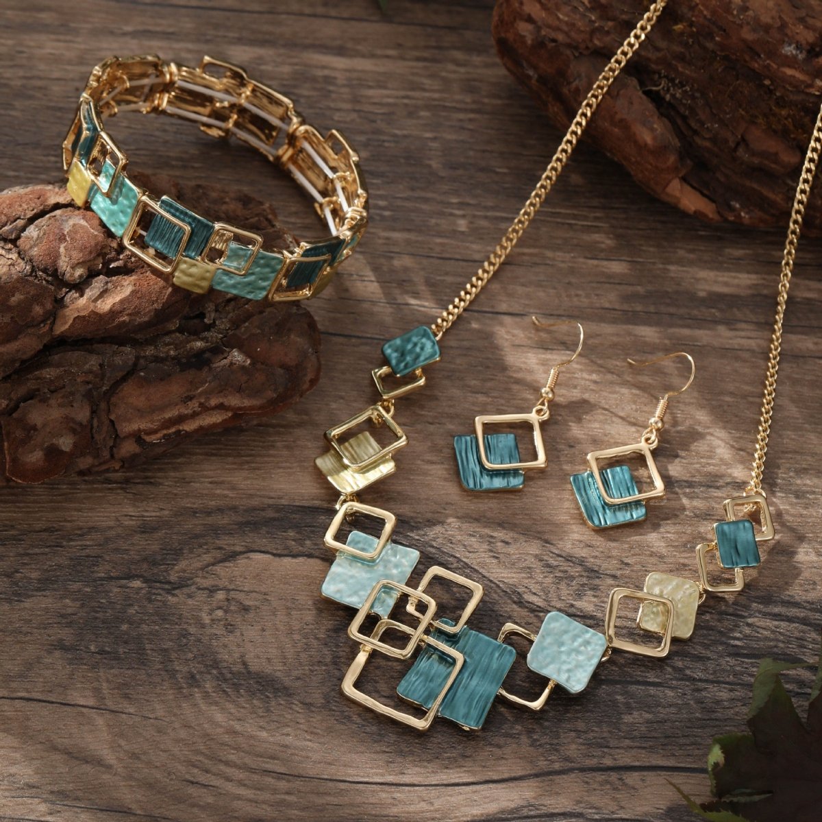 Modernist Geometric Square Earrings Bracelet Necklace Set (MAC318) Mariam's Collection