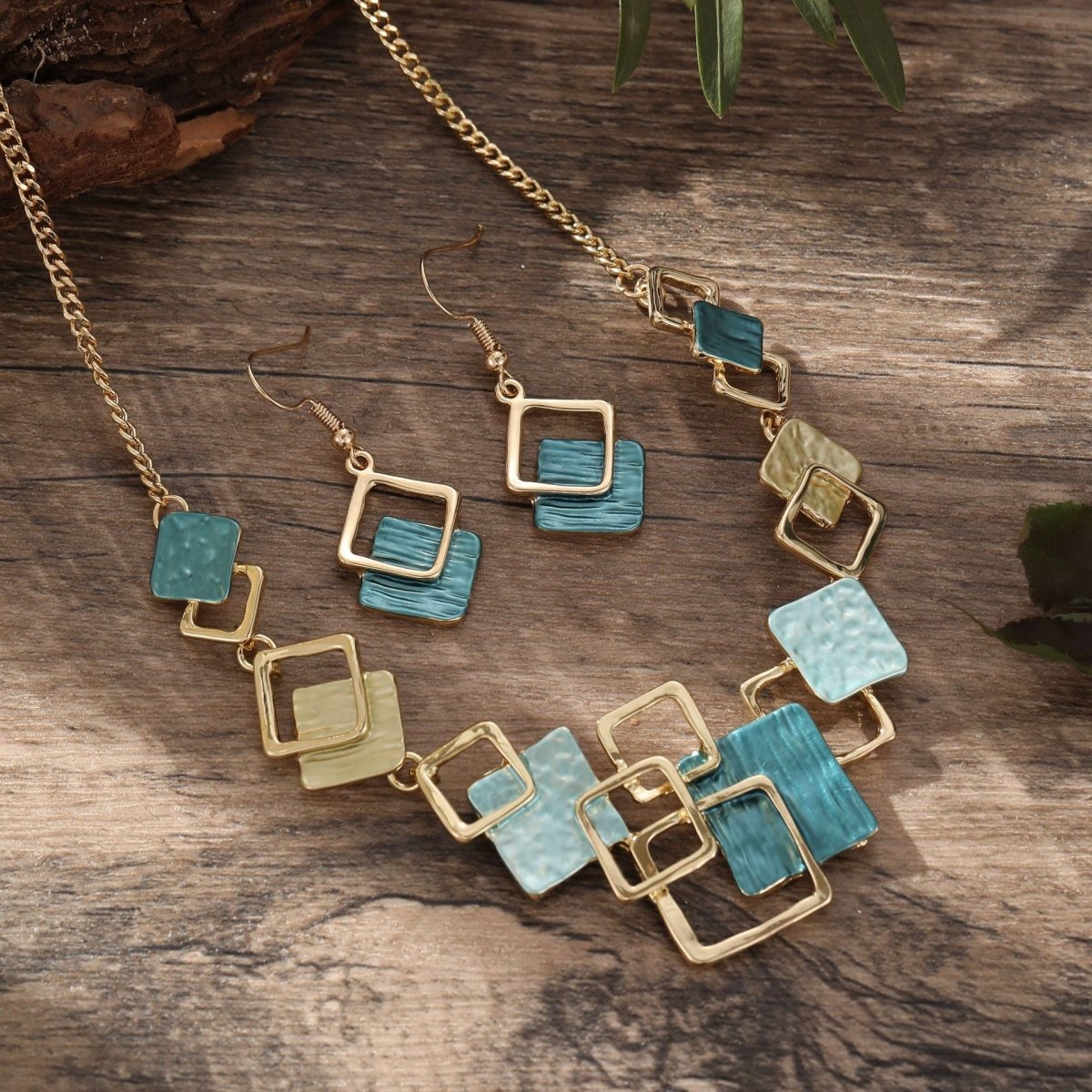 Modernist Geometric Square Earrings Bracelet Necklace Set (MAC318) Mariam's Collection