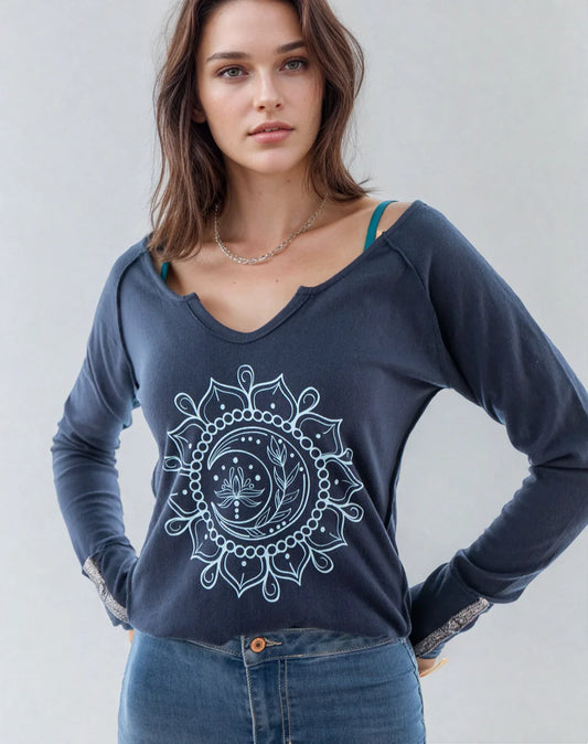 Moon Mandala Navy Cotton V-Neck Fitkitty Culture Athleisure Wear, Yoga Wear & Women's Clothing