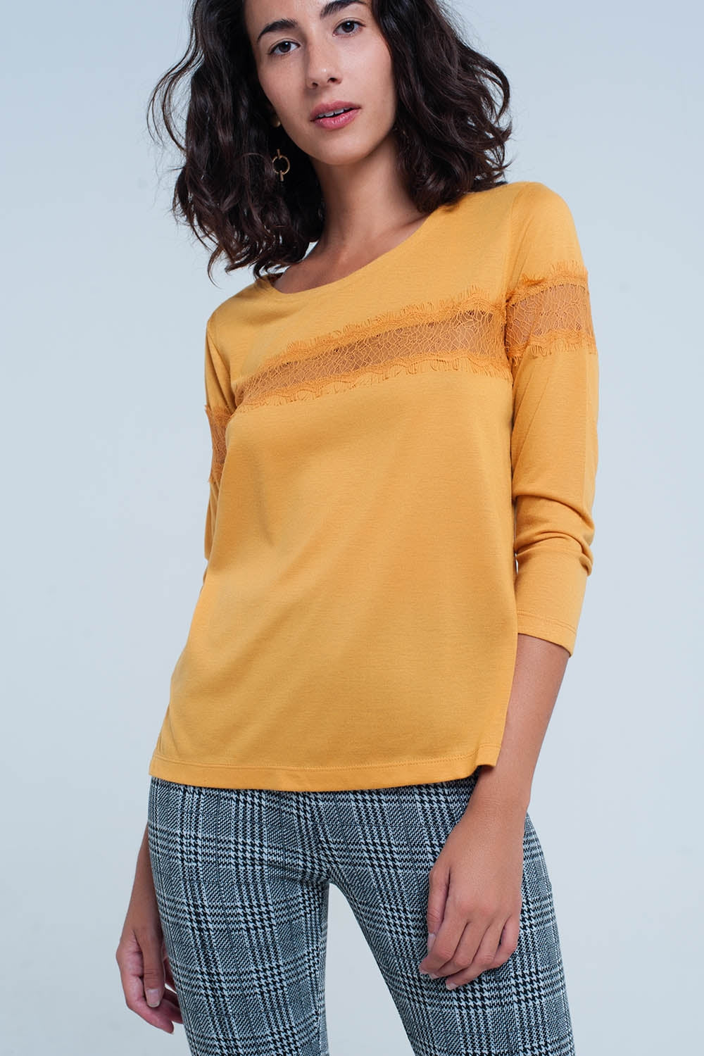 Mustard 3/4 Sleeve T-Shirt With Eyelash Trim Q2store