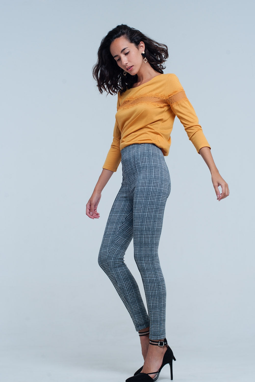 Mustard 3/4 Sleeve T-Shirt With Eyelash Trim Q2store