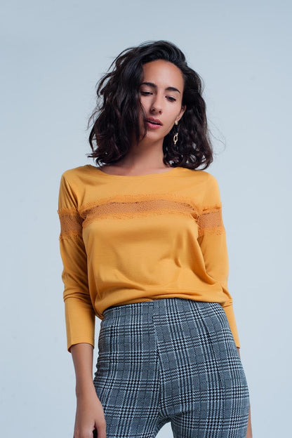 Mustard 3/4 Sleeve T-Shirt With Eyelash Trim Q2store