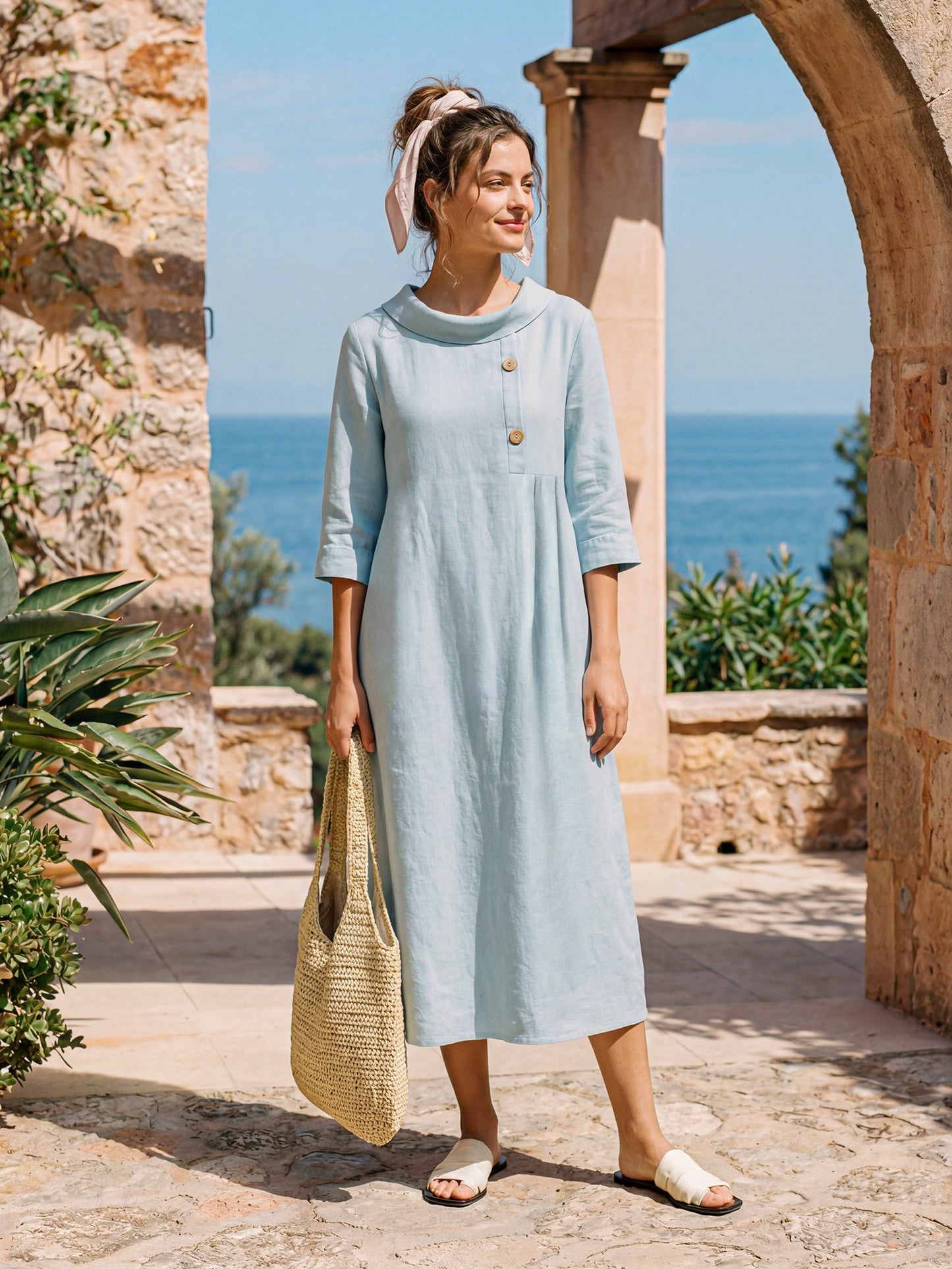 100% Linen Rolled Collar Asymmetric Button Maxi Dress ELARAINE LINTICO