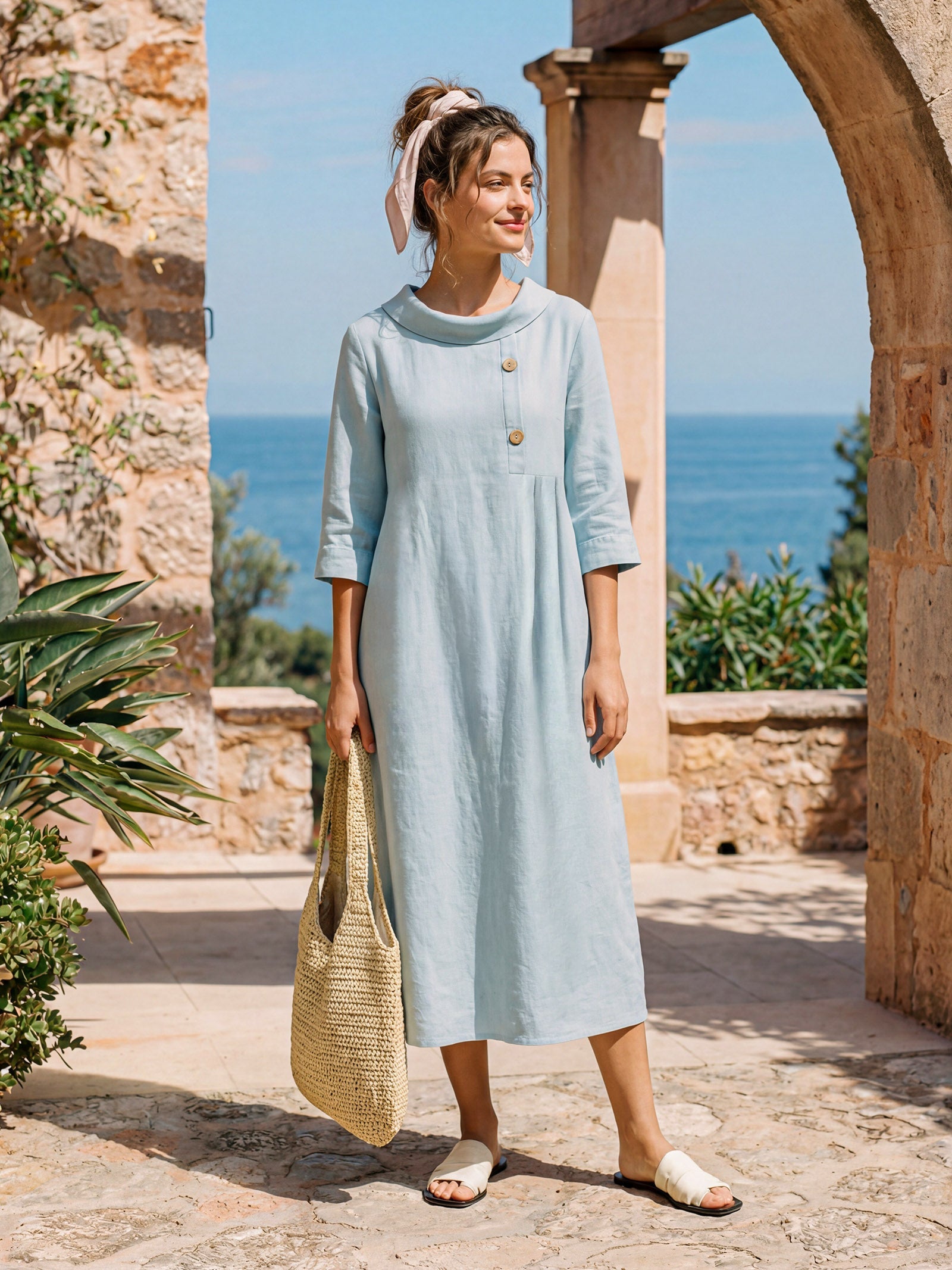 100% Linen Rolled Collar Asymmetric Button Maxi Dress ELARAINE LINTICO
