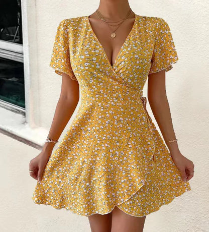 Summer V-Neck Printed Dress - New Short Sleeve Style