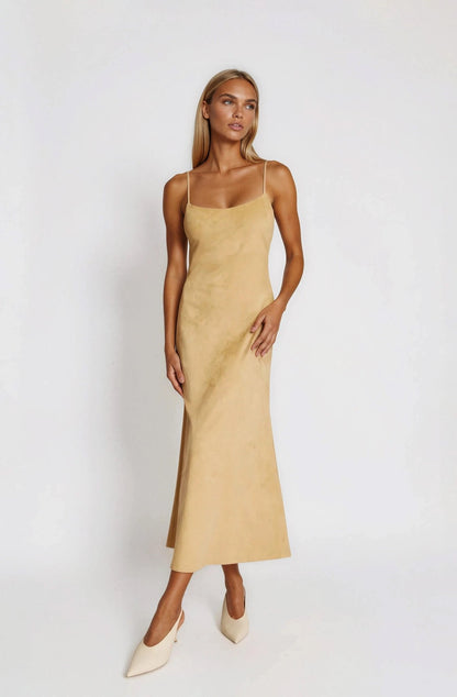 Nadira Faux Suede Dress – Soft Camel XO, Tina