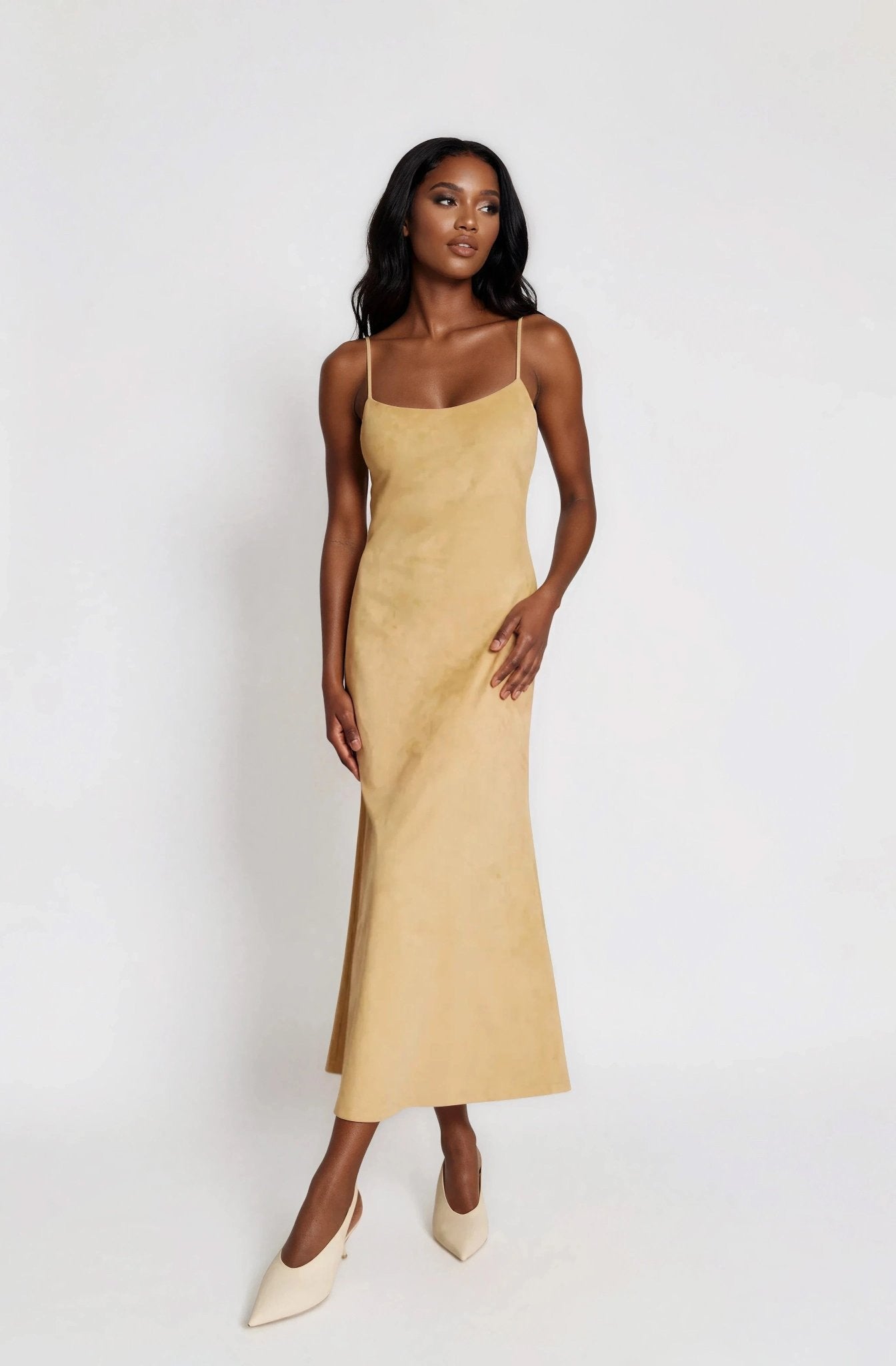 Nadira Faux Suede Dress – Soft Camel XO, Tina