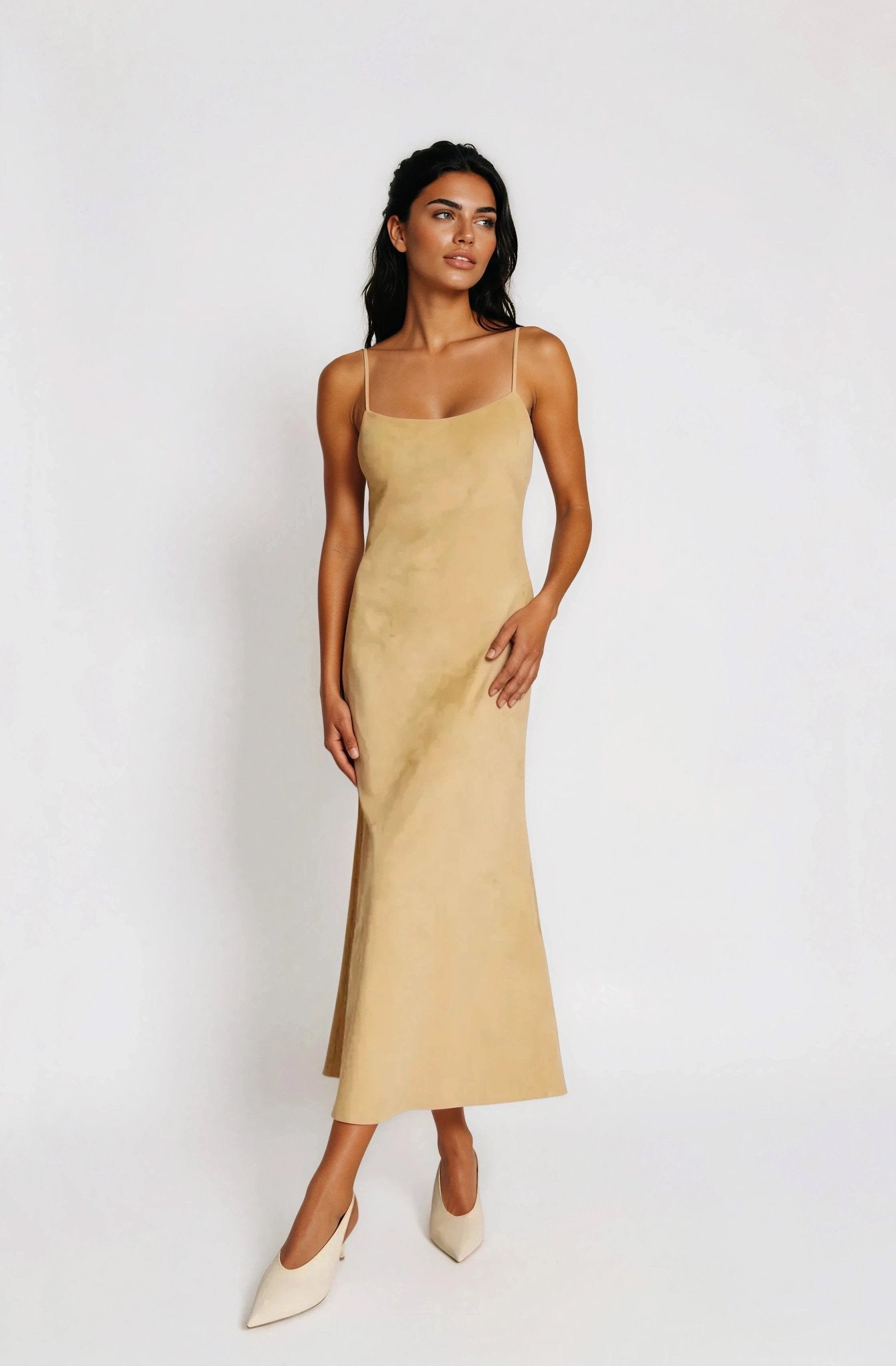 Nadira Faux Suede Dress – Soft Camel XO, Tina
