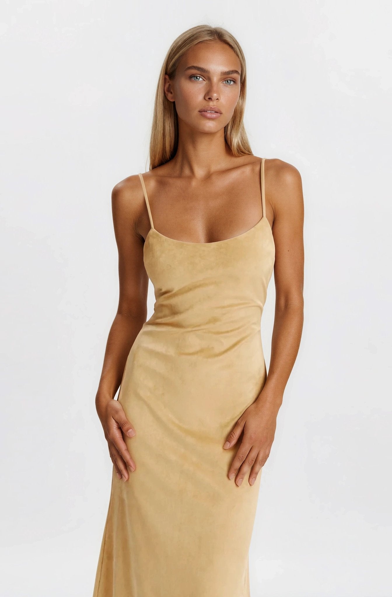 Nadira Faux Suede Dress – Soft Camel XO, Tina
