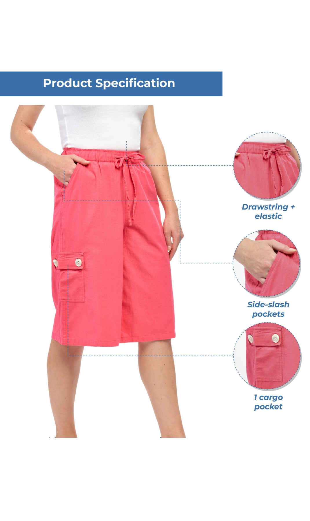 Women's 100% Calcutta Cotton Split Skirt Culottes with Cargo Pockets TURTLE BAY APPAREL