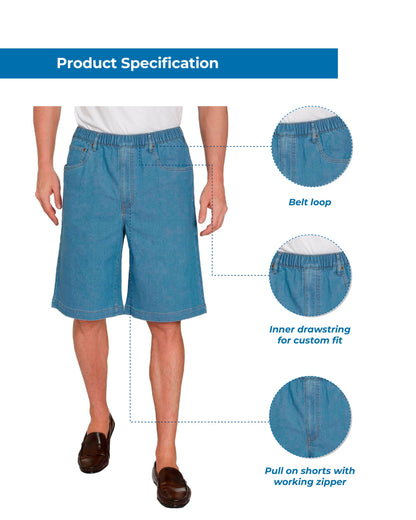 Men's Stretch Waist Pull On Shorts  in Denim and Twill - Free of Buttons & Snaps TURTLE BAY APPAREL