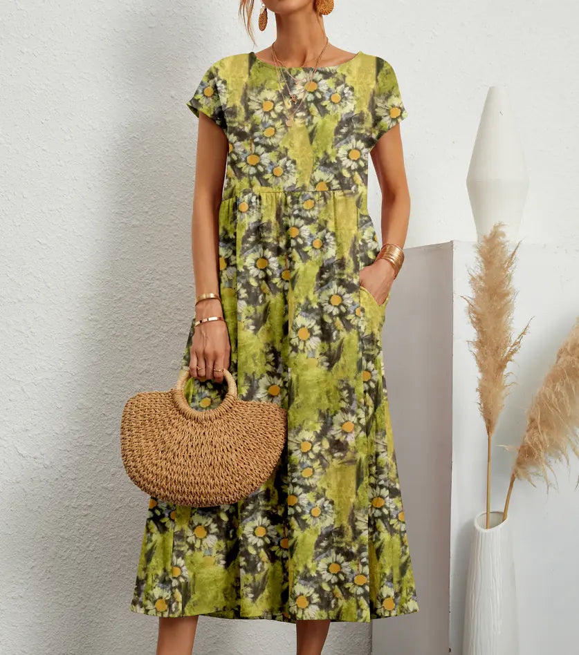 Loose Cotton Linen Sleeveless Printed Summer Dress