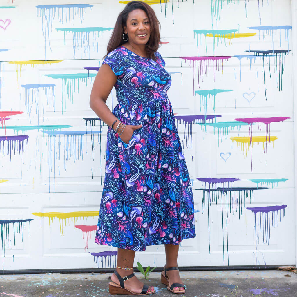 Adult "Oceans Aglow" Marine Life Cap Sleeve Maxi Dress With Pockets Princess Awesome & Boy Wonder