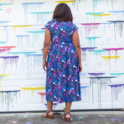 Adult "Oceans Aglow" Marine Life Cap Sleeve Maxi Dress With Pockets Princess Awesome & Boy Wonder