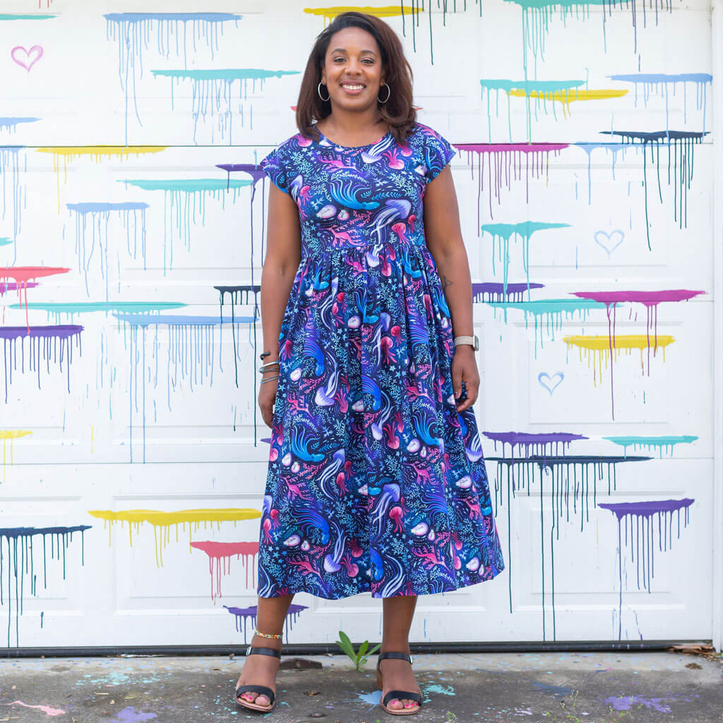 Adult "Oceans Aglow" Marine Life Cap Sleeve Maxi Dress With Pockets Princess Awesome & Boy Wonder