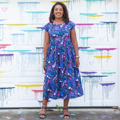 Adult "Oceans Aglow" Marine Life Cap Sleeve Maxi Dress With Pockets Princess Awesome & Boy Wonder